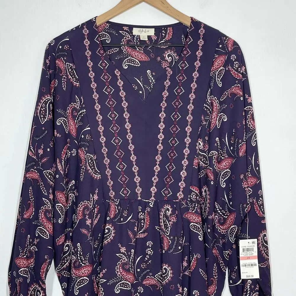 Style & Co Blouse NWT Women's Plus Size 2X Purple Grape Paisley V-Neck Core Boho - Picture 4 of 11